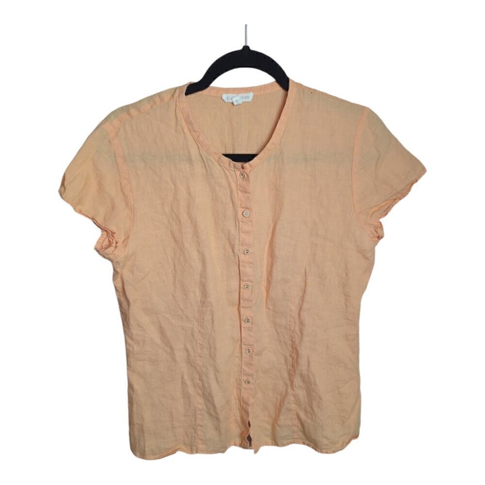 Eileen Fisher Petite Tangerine Large 100% Linen Short Sleeve Blouse Size S